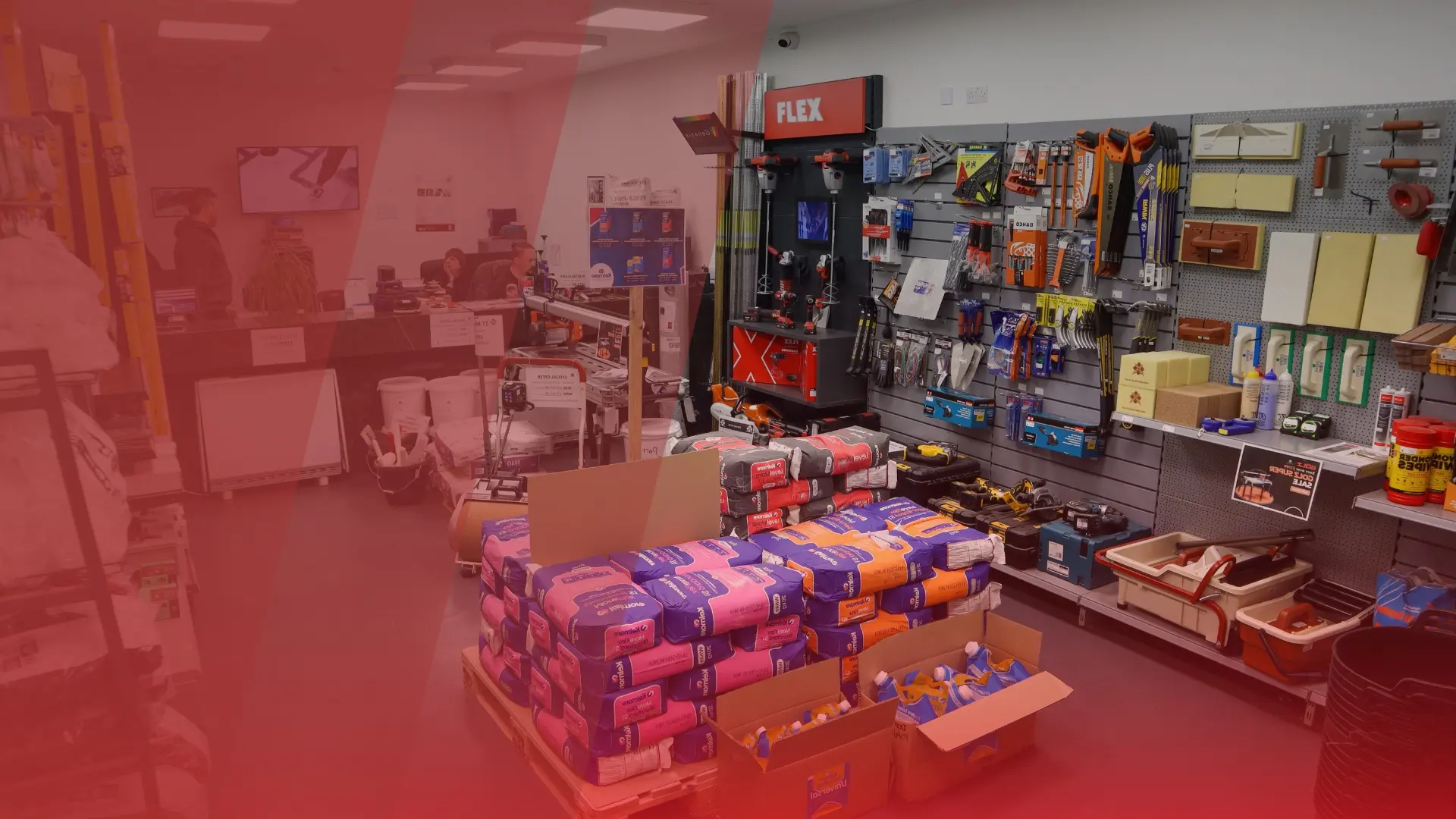 Tilers Tools trade counter showing tiling tools, wet saws, tile adhesives, and accessories on display